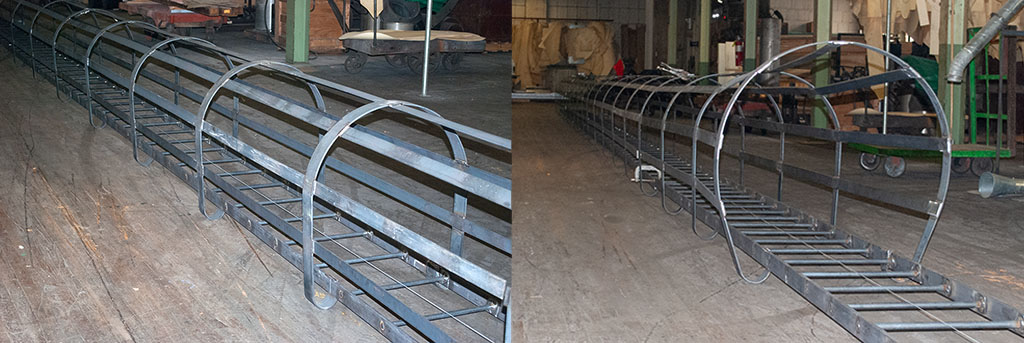 Metal framework of a ladder with safety cage around it