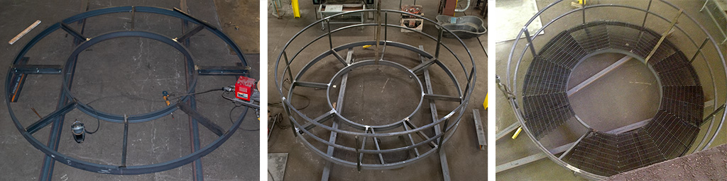 Circular catwalk frame with handrails and grated platform