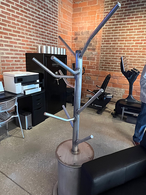 metal grab bar that looks like a coat rack, used by elderly person to pull themselves up from a chair
