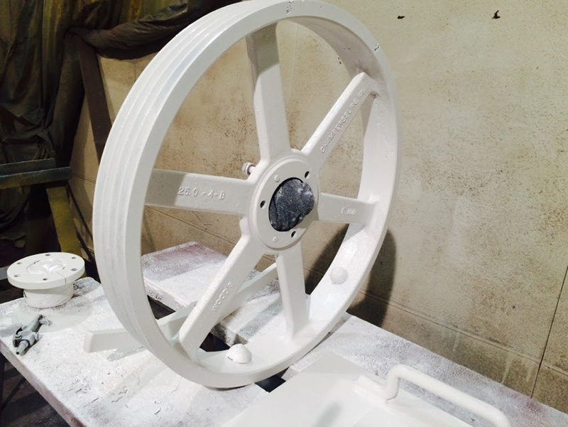 Sheave (aka shiv) wheel for belts used to rotate ceramic ball mill